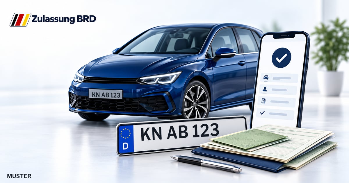 Online Fahrzeugzulassung in Singen: Musterkennzeichen KN AB 123, Auto und Fahrzeugpapiere und Smartphone. Illustration mit Logo von Zulassung BRD.